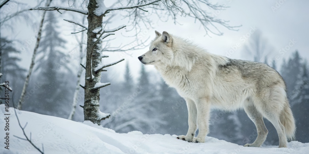 Obraz premium Arctic Wolf in Winter Wonderland Profile, Snowy Forest, Wildlife Photography Arctic Wolf, Winter, Wildlife Photography