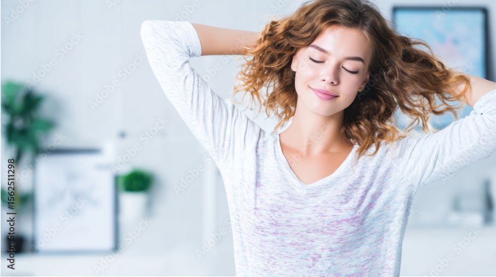 Serene Awakening: A woman in a white shirt, eyes closed, stretches her arms behind her head. Capturing tranquility and relaxed bliss. Serene Awakening: A woman in a white shirt, eyes closed, stretches her arms behind her head. Capturing tranquility and relaxed bliss.