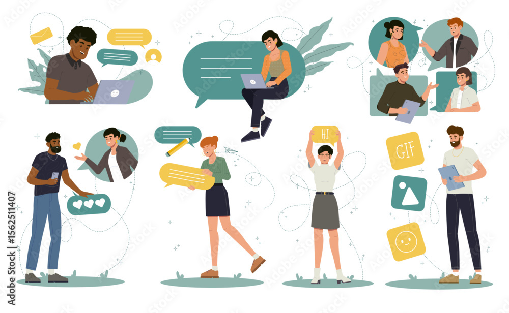 Obraz premium Set of people communicating. Men and women friends, couples or colleagues chatting online, sending messages and having conversation. Flat vector illustration collection isolated on background