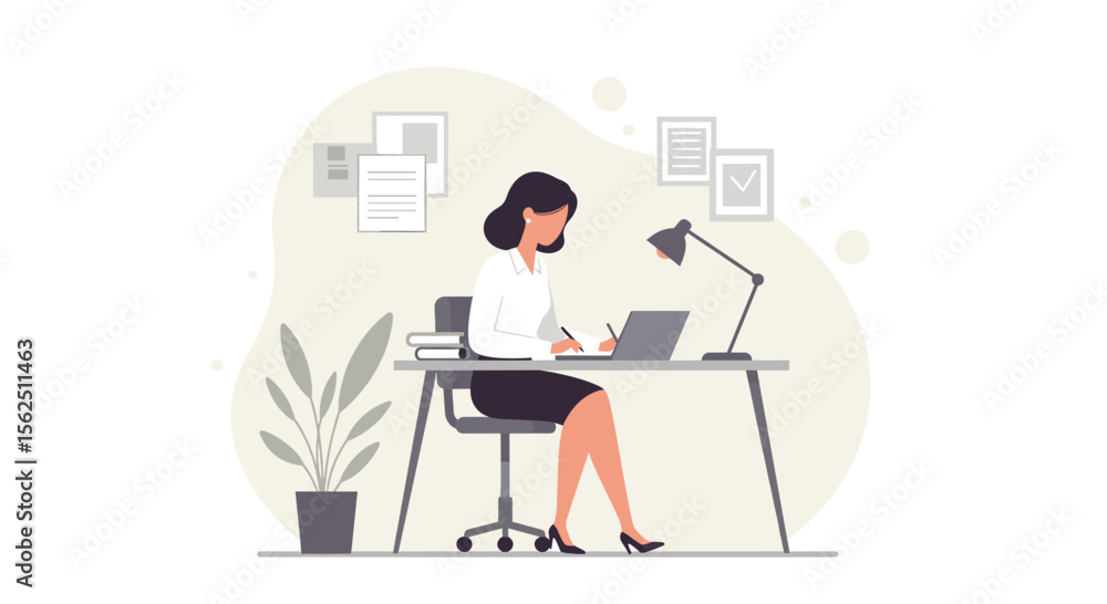 A stylish illustration depicts a businesswoman focused on her work at a modern desk, using a laptop and taking notes, suitable for web design and marketing materials. A stylish illustration depicts a businesswoman focused on her work at a modern desk, using a laptop and taking notes, suitable for web design and marketing materials.