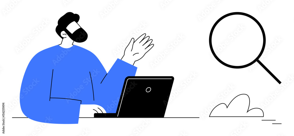 Man seated at a desk with a laptop, waving near a large magnifying glass, representing search, research, and connection. Ideal for business, web search, online learning, technology communication Man seated at a desk with a laptop, waving near a large magnifying glass, representing search, research, and connection. Ideal for business, web search, online learning, technology communication