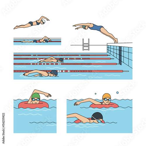 Diverse swimmers in various strokes and positions in a swimming pool illustration