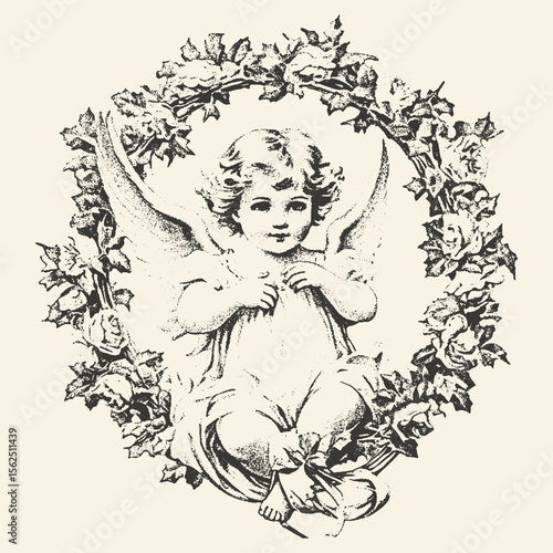 Charming cherub angel seated inside a wreath of flowers, smiling sweetly. Detailed vintage style artwork.
