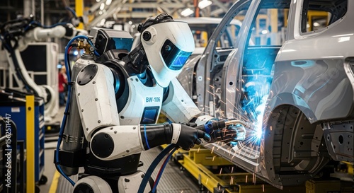 Industrial humanoid robot welding car body on factory production line