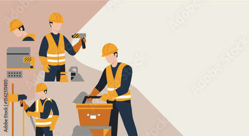 Flat design illustration featuring construction workers with tools on a landing page banner for business marketing presentations.