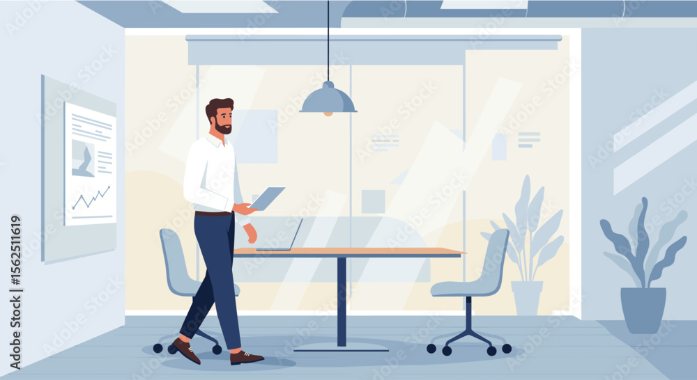 Obraz premium Businessman walking in modern office, holding tablet, near a conference table with laptops, plants, and presentation board. Flat design illustration ideal for landing pages, banners, and marketing