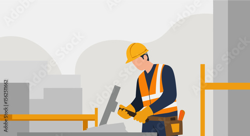 Skilled construction worker in hard hat and safety vest using tools on a building site, representing industry and development.
