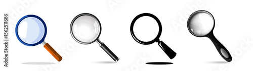 Magnifying Glass Icon Set. Loupe stickers in flat, cartoon and realistic 3D style. Zoom and search tool. Scientific research and optical effect. Vector illustration collection isolated on background