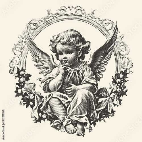 A cherubic angel child framed in ornate design sits reflectively, surrounded by holly, showcasing a serene, vintage religious aesthetic.