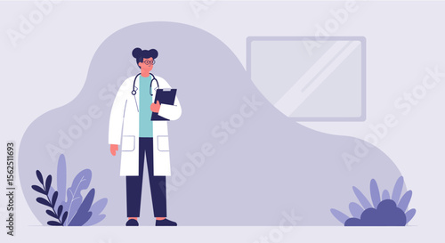 a doctor in a white coat holding a clipboard, standing in front of a plant and a window with a white frame. Suitable for landing page, banner, marketing, web design, presentation, infographic, etc.