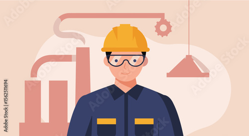 Friendly industrial worker illustration, perfect for landing pages, banners, marketing presentations, and web design projects needing a flat design aesthetic.