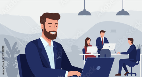 A smiling businessman works on his laptop in a modern, open-plan office, creating a visually appealing illustration suitable for a marketing or business presentation.