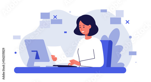 A cheerful woman works diligently at her desk, reviewing documents and managing tasks, in a modern office environment with a flat design style, ideal for business and marketing.