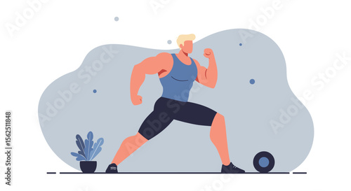 Muscular man in sportswear lunging forward, flat design illustration, ideal for fitness websites, marketing banners, and presentations.