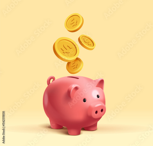 3D piggy bank with falling gold coins. Saving finance, investing money, making profit or income. Wealth, Economics and Personal Budget Management. Realistic vector illustration