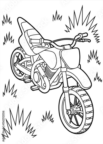 Black and white outline illustration of a dirt bike surrounded by stylized grass