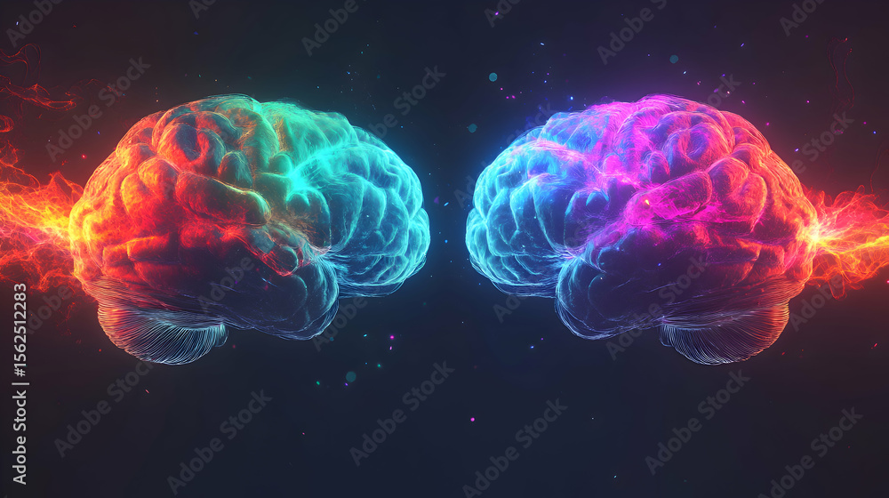 Fototapeta premium A striking 3D-rendered image of two colorful brain halves, each floating separately but connected by glowing neural pathways
