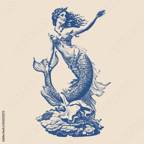 A mythological mermaid rising from the waves, elegantly posed with flowing hair and a scaly tail in vintage engraving.