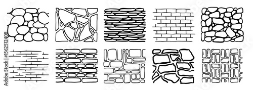 Brick and stone wall texture set. Hand drawn doodle design elements with different bricks and stones from buildings and houses. Outline vector illustration collection isolated on background