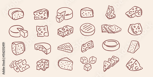 Cheese doodle icon set. Hand drawn sketches of pieces, slices and whole gouda, camembert and parmesan cheeses for cafe or restaurant menu. Outline vector illustration collection isolated on background