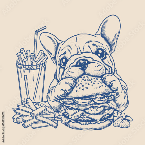 Chubby French Bulldog enjoying a massive burger with fries and a drink, drawn in a fun, whimsical vintage style.