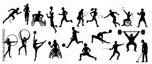 Silhouettes of people in various sports. Set of icons with male and female athletes involved in basketball, tennis, football and gymnastics. Flat vector illustration collection isolated on background
