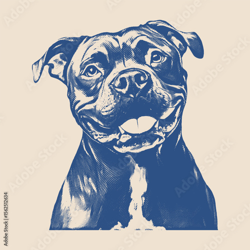A cheerful, friendly-looking dog with floppy ears and a wide grin, illustrated in vintage blue engraving style.