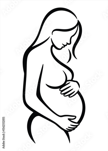Elegant black and white line art illustration of a pregnant woman holding her belly