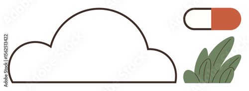 Capsule beside abstract cloud outline and leafy plants, symbolizing medicine, nature, wellness, health technology, sustainability, eco-conscious living, and pharmaceutical care in a simple flat