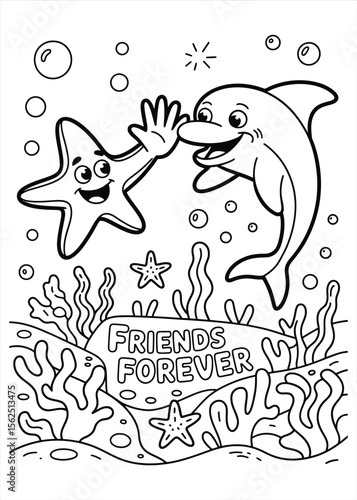 Happy dolphin and starfish friends forever high five underwater scene coloring page