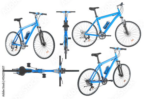 Blue mountain bike from multiple angles. 3D rendering isolated on transparent background