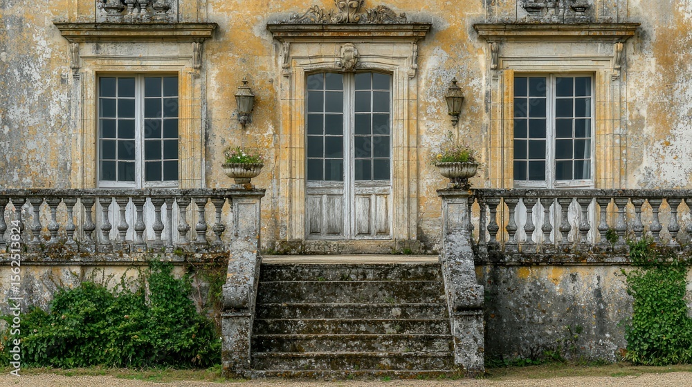 Aged stone facade with grand entrance Aged stone facade with grand entrance
