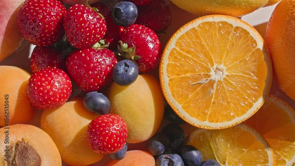 closeup of various rotating fresh bright summer fruits and berries, top view. healthy sunny food background closeup of various rotating fresh bright summer fruits and berries, top view. healthy sunny food background