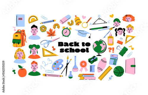 Back to School Sticker Set in Retro 90s Style.Funky student characters, school supplies, and classroom vibes.Bright, colorful vector illustrations for office, study, and learning themes. 