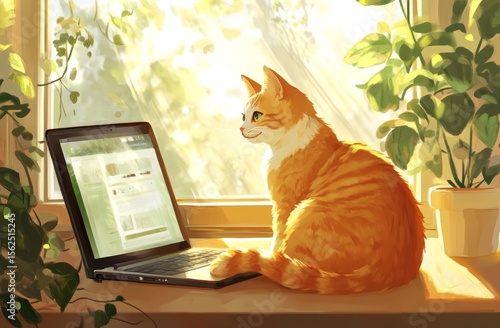 A cat is featured in a business setup, working with a laptop on a wooden table, representing a business concept, and the cat appears to be sitting on the laptop out of boredom