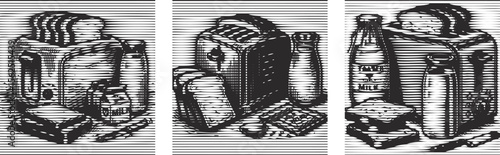 Line halftone toaster with bread slices and milk packet bundle illustration set, retro dot print style kitchen breakfast food concept, black and white vector artwork