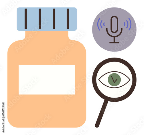 Medicine bottle alongside microphone and magnifying glass with eye symbolizes health, awareness, investigation, communication, education, pharmaceutical research. Ideal for healthcare, podcasts