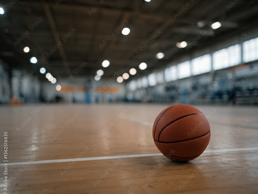 Naklejka premium A single worn basketball resting on a clean hardwood court, positioned slightly off-center under a moody overhead spotlight