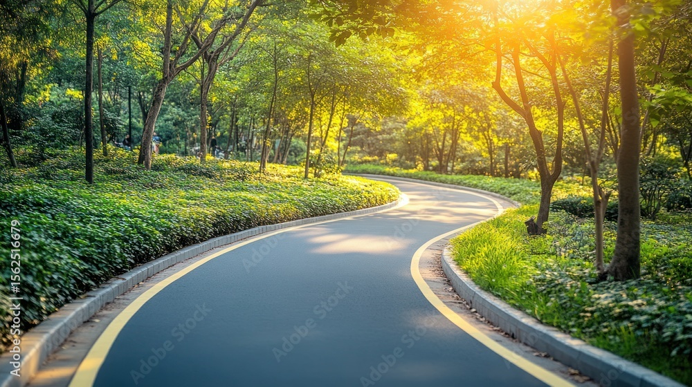 Fototapeta premium Winding path through a park at sunset