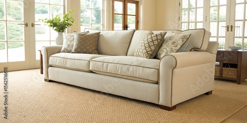 Off-White Sofa with Beige Trim and Patterned Pillows in Bright Room, Interior Design, Home Decor, Furniture Home Decor, Sofa