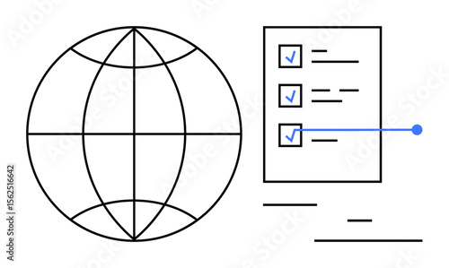 Globe outline next to a checklist with three tasks marked completed and minimal design elements. Ideal for planning, organization, teamwork, goal setting, strategy, global reach, simple landing page