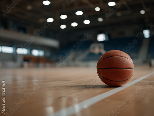 A single worn basketball resting on a clean hardwood court, positioned slightly off-center under a moody overhead spotlight