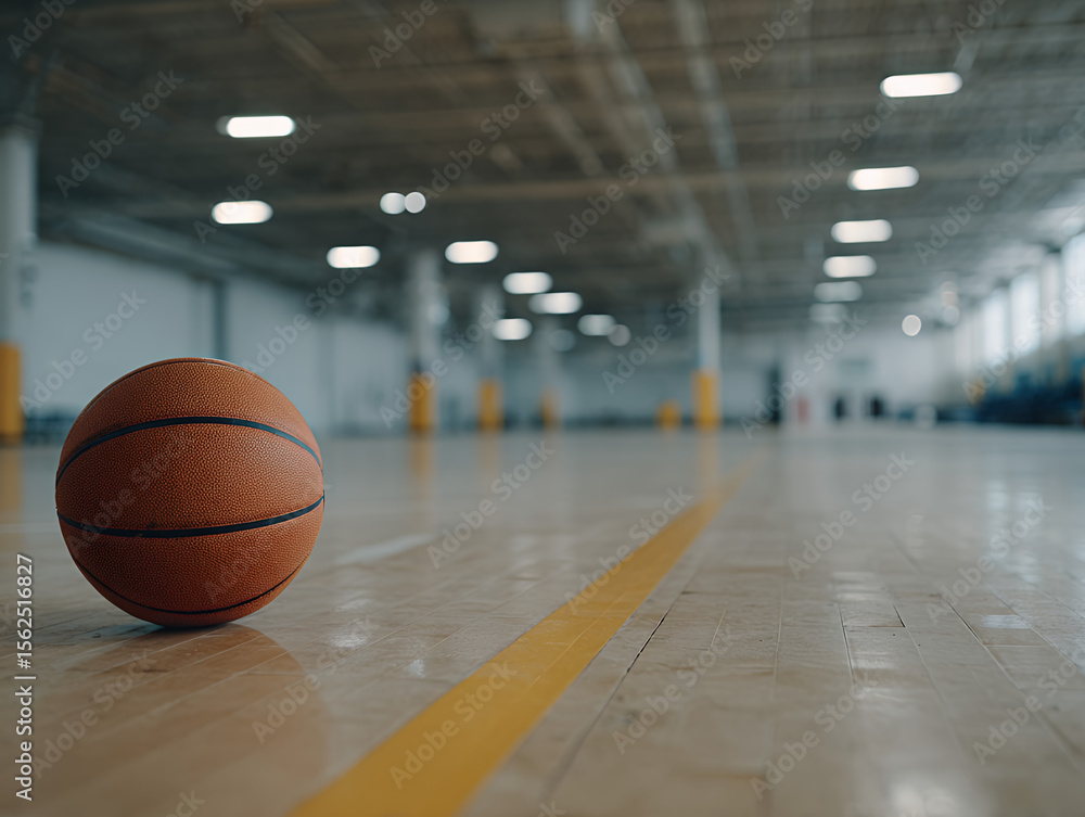 Naklejka premium A single worn basketball resting on a clean hardwood court, positioned slightly off-center under a moody overhead spotlight