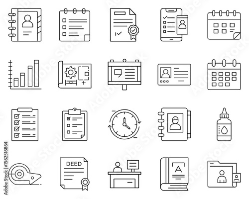 Office items vector icon set featuring black silhouettes for productivity