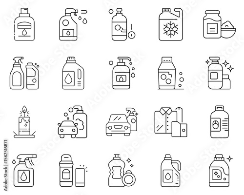Cleaning icon set featuring bottles and tools for household chores