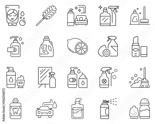 Household cleaning supplies and tools in black silhouette icons