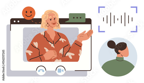 Speaker presenting virtually on a webinar platform. Chat bubble, soundwave, audience avatar. Ideal for communication, online teaching, webinar, virtual meetings, technology education simple flat