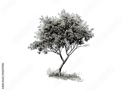 Retro sandalwood tree drawing, vintage hand-drawn sketch, rustic botanical print, eco-conscious nature art, black ink engraving, woodland branches, classic tree illustration, trendy eco decor