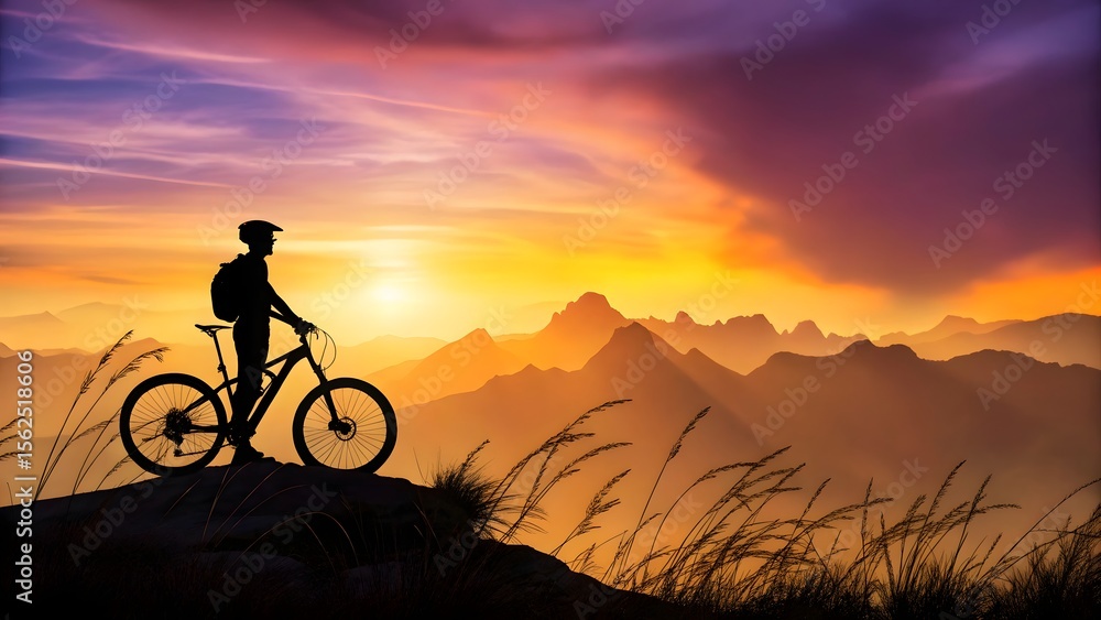 Obraz premium Mountain Biker Silhouette at Sunset Over Scenic Mountain Range