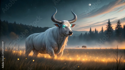 Mythical White Bull in Enchanted Forest with Glowing Eyes